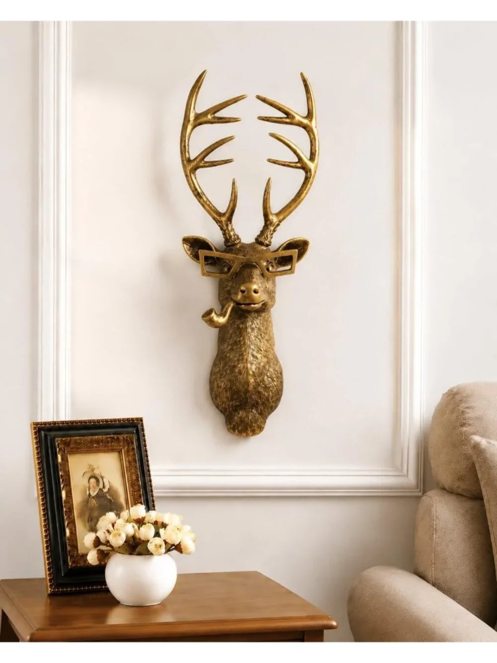 Gold Deer Head Wall Sculpture Faux Taxidermy Stag Antler Mount Decor